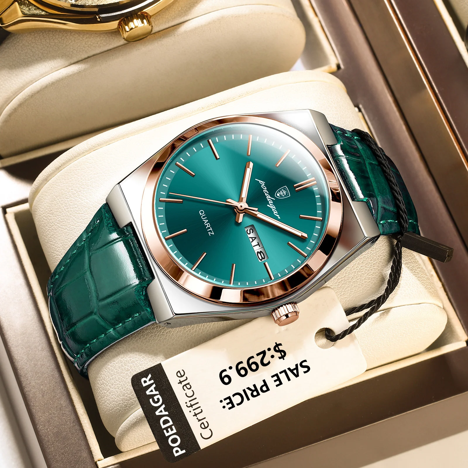 POEDAGAR 930 Rose Gold Green watch for men