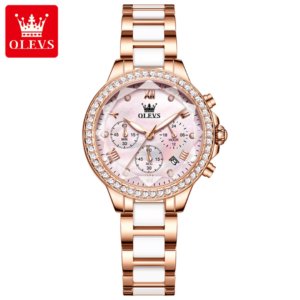 Olevs 9999 Ceramic Chronograph Wrist Watch For Women